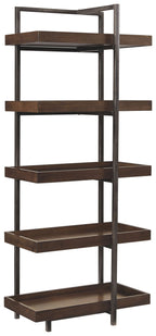Dark brown TV stand with tall frame and four open tiers of shelving