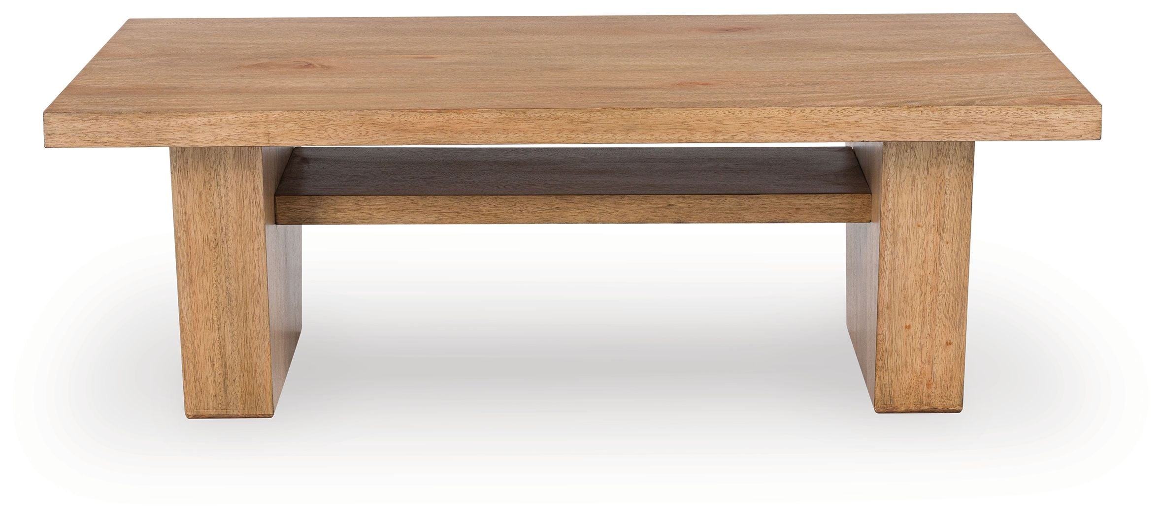 Rectangular light-brown wood cocktail table with thick legs and side view