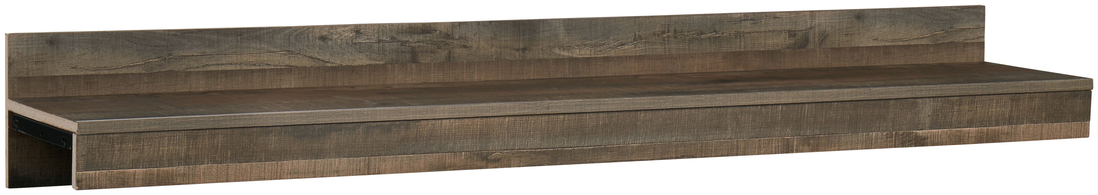 Brown wood bridge shelf with layered frame and flat top