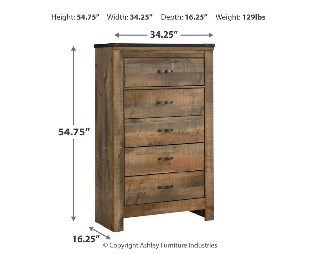Brown five-drawer chest with straight legs and metal bar pulls, full front view