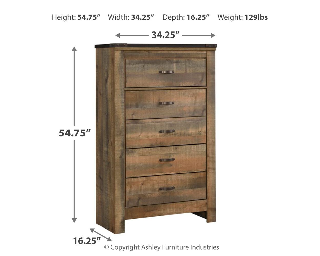 Brown five-drawer chest with straight legs and metal bar pulls, full front view