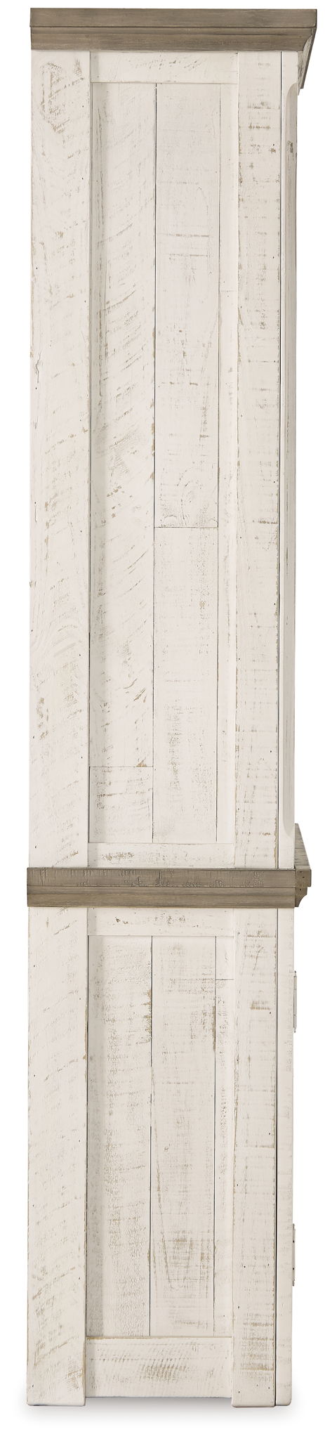 Distressed tall pier cabinet with raised panel door and dark top trim
