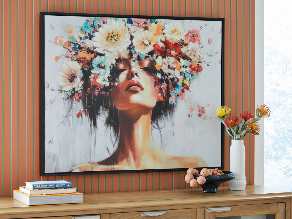 Framed wall art print with stylized woman's face and colorful floral collage, multi-color