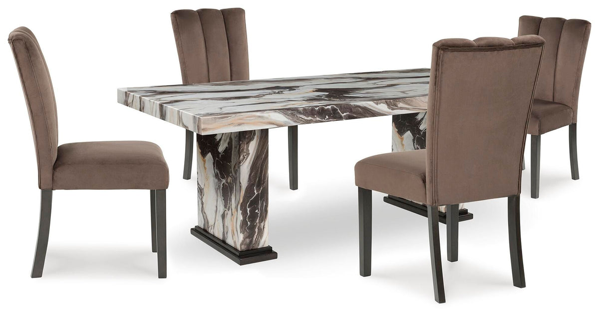 Dining table set with dark brown upholstered chairs and marble-pattern table