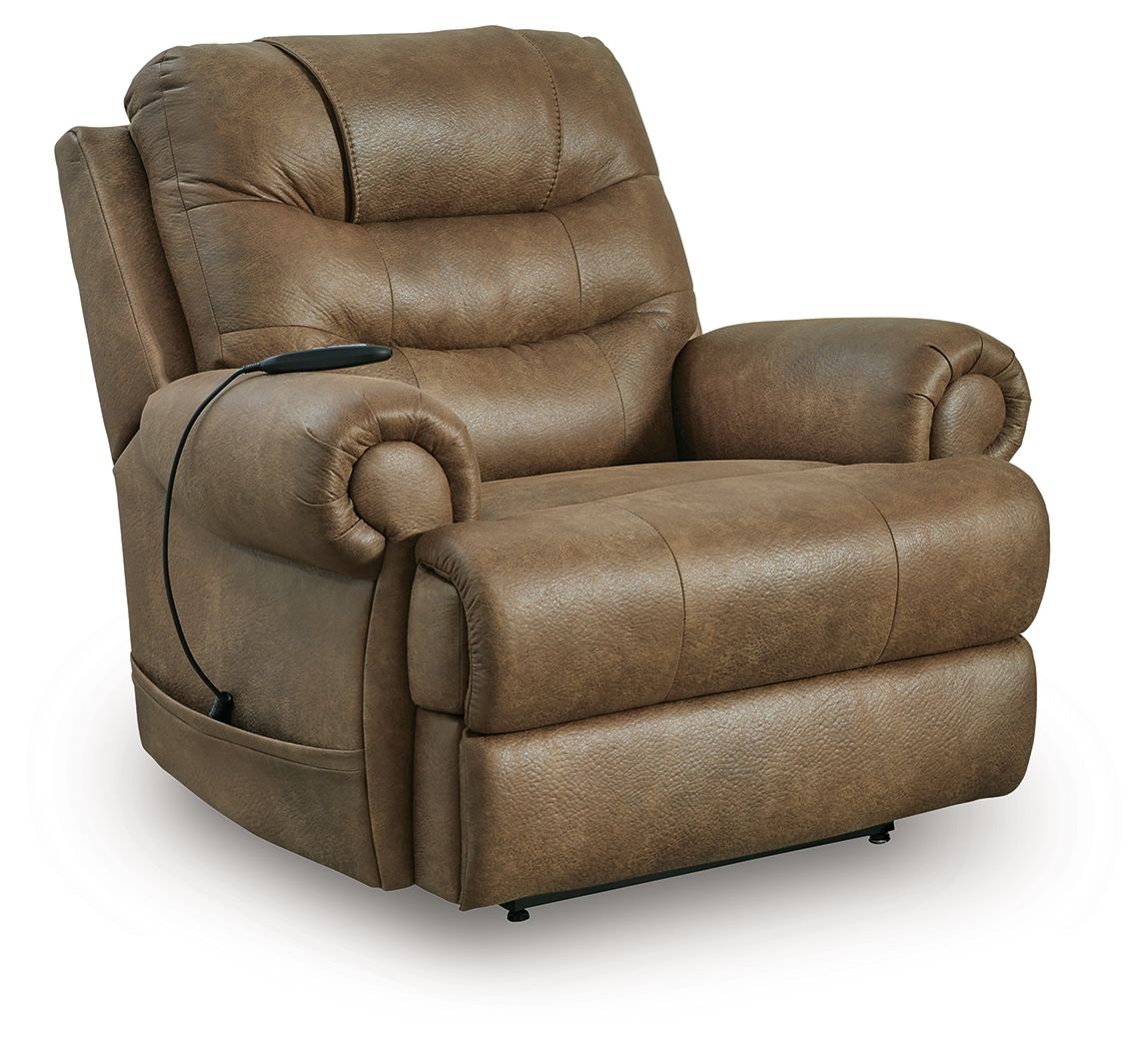 Tan leather-look power lift recliner with tufted back and rounded comfort arms