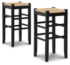 Set of 2 tall black stools with woven beige seats and crossbar supports
