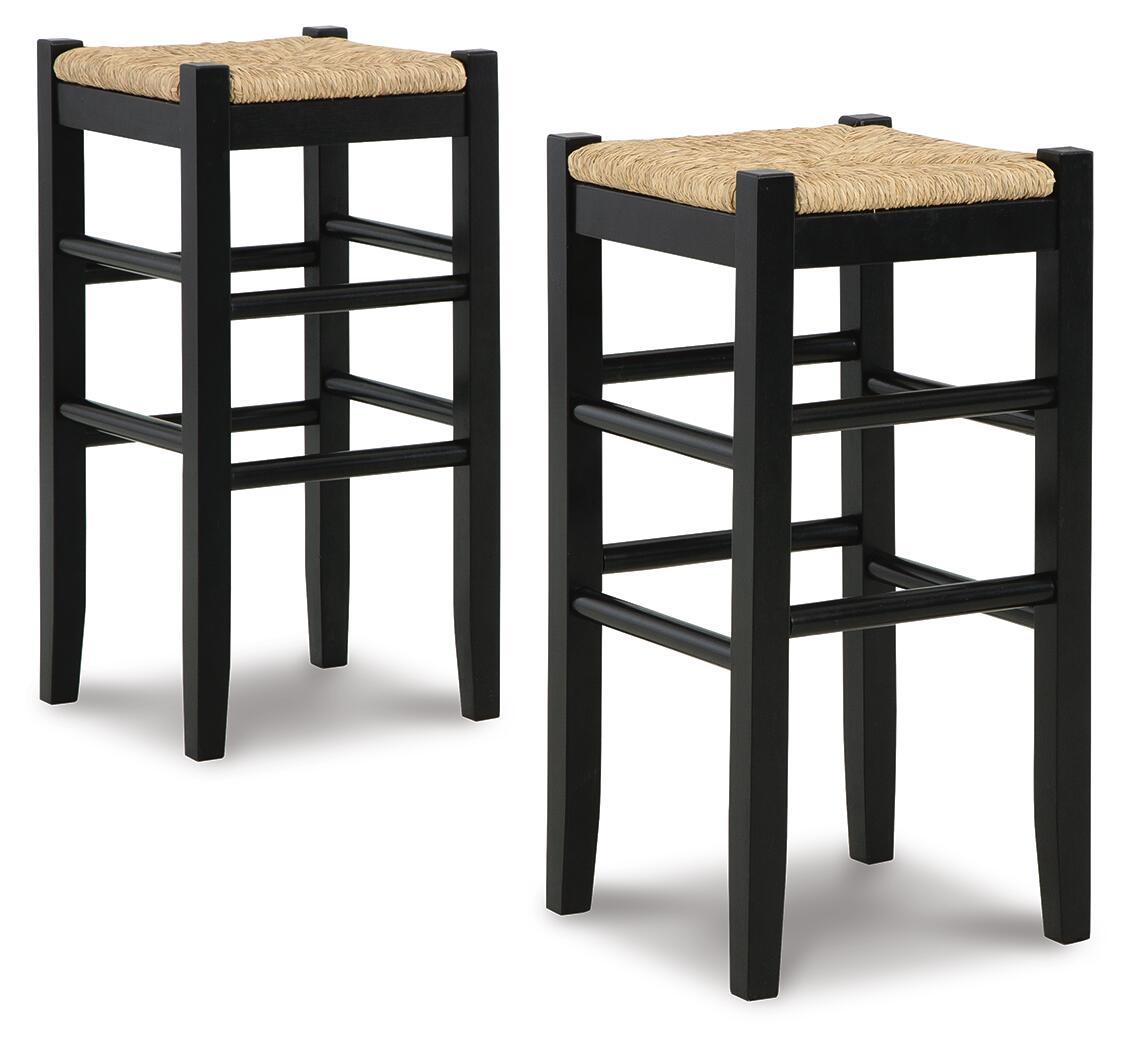 Set of 2 tall black stools with woven beige seats and crossbar supports
