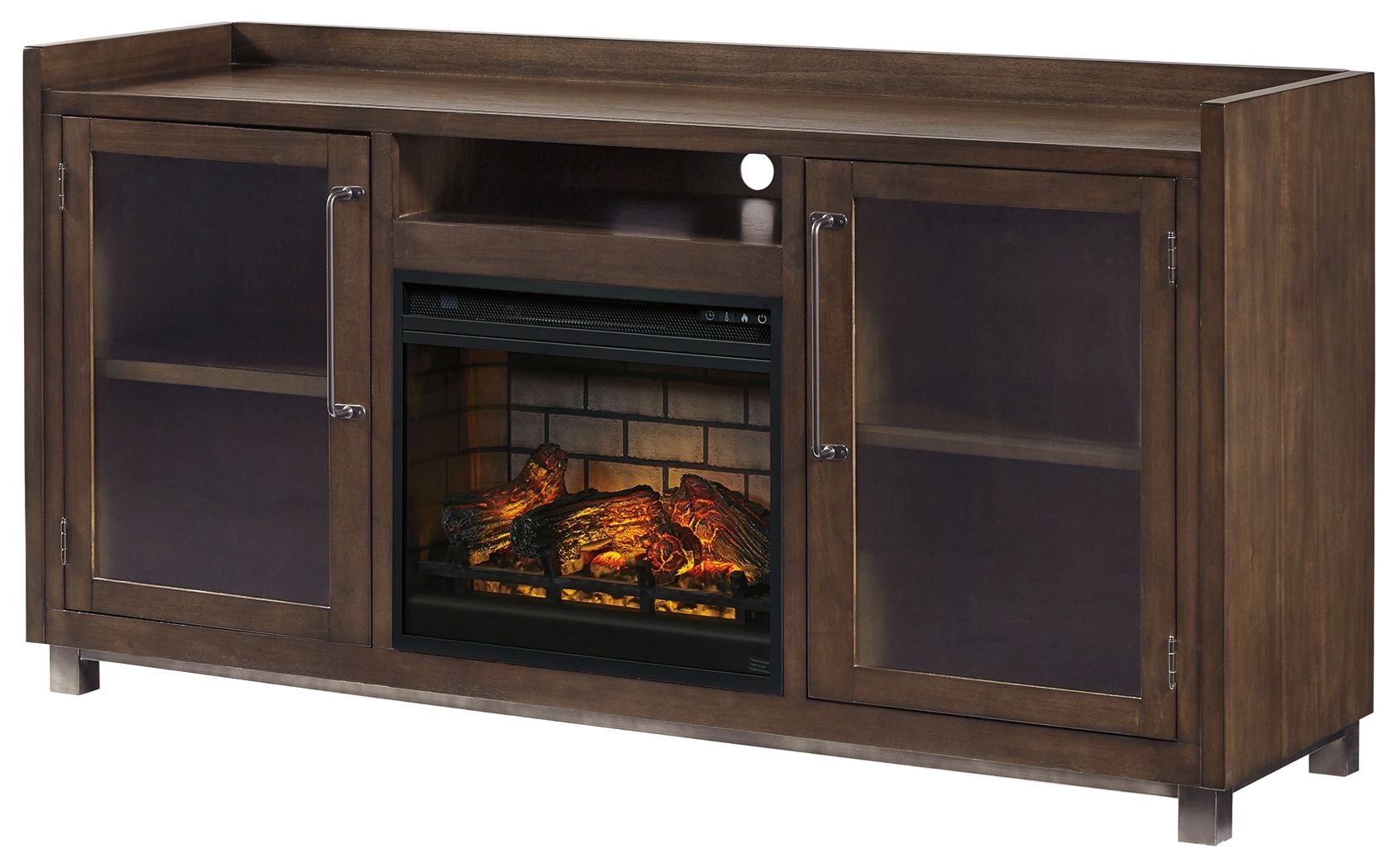 Dark brown TV stand with glass-front electric fireplace insert and two side storage cabinets
