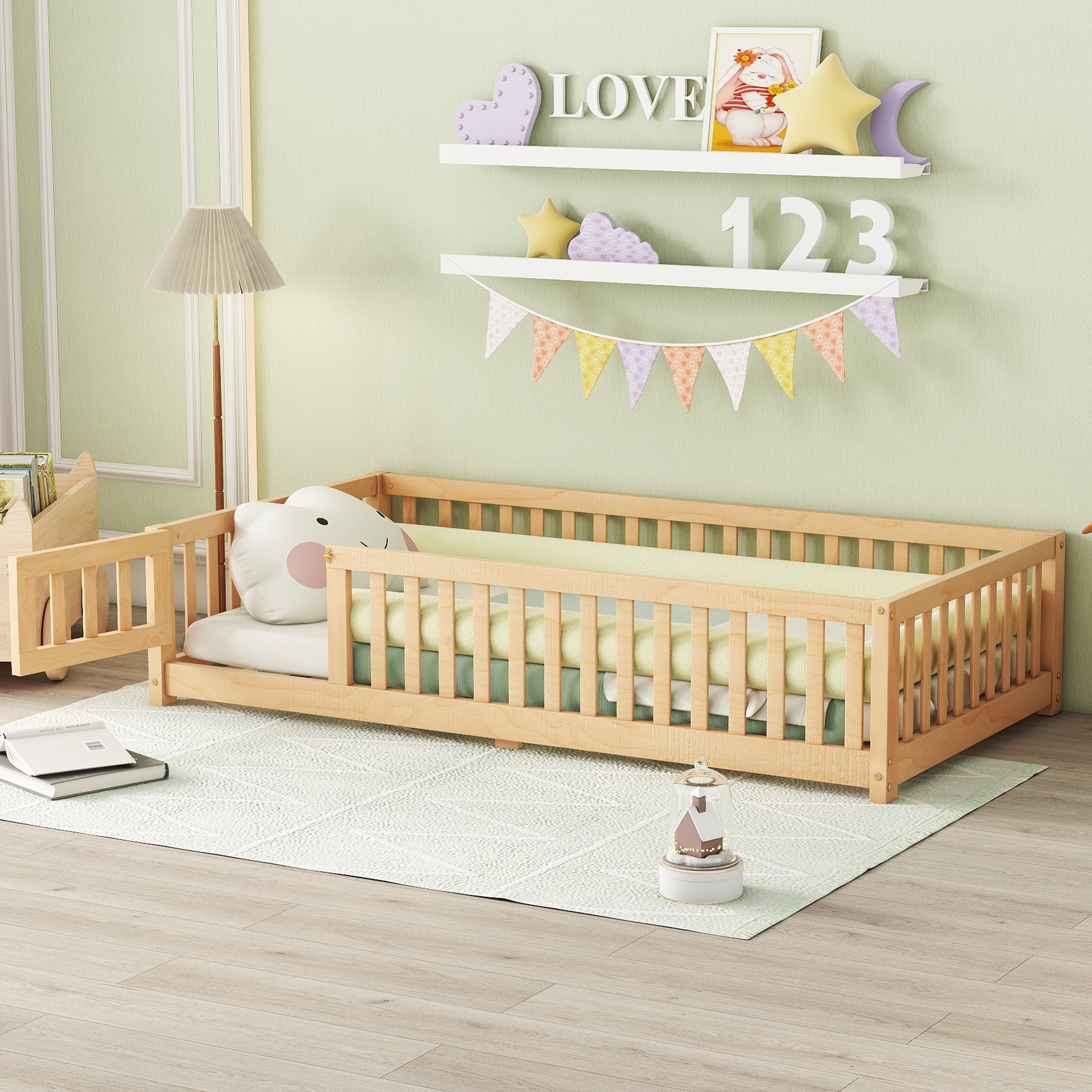 Kids Twin Floor Bed with Safety Guardrails & Door - Natural