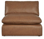 Caramel armless chair with tall back cushion and thick seat, faux leather