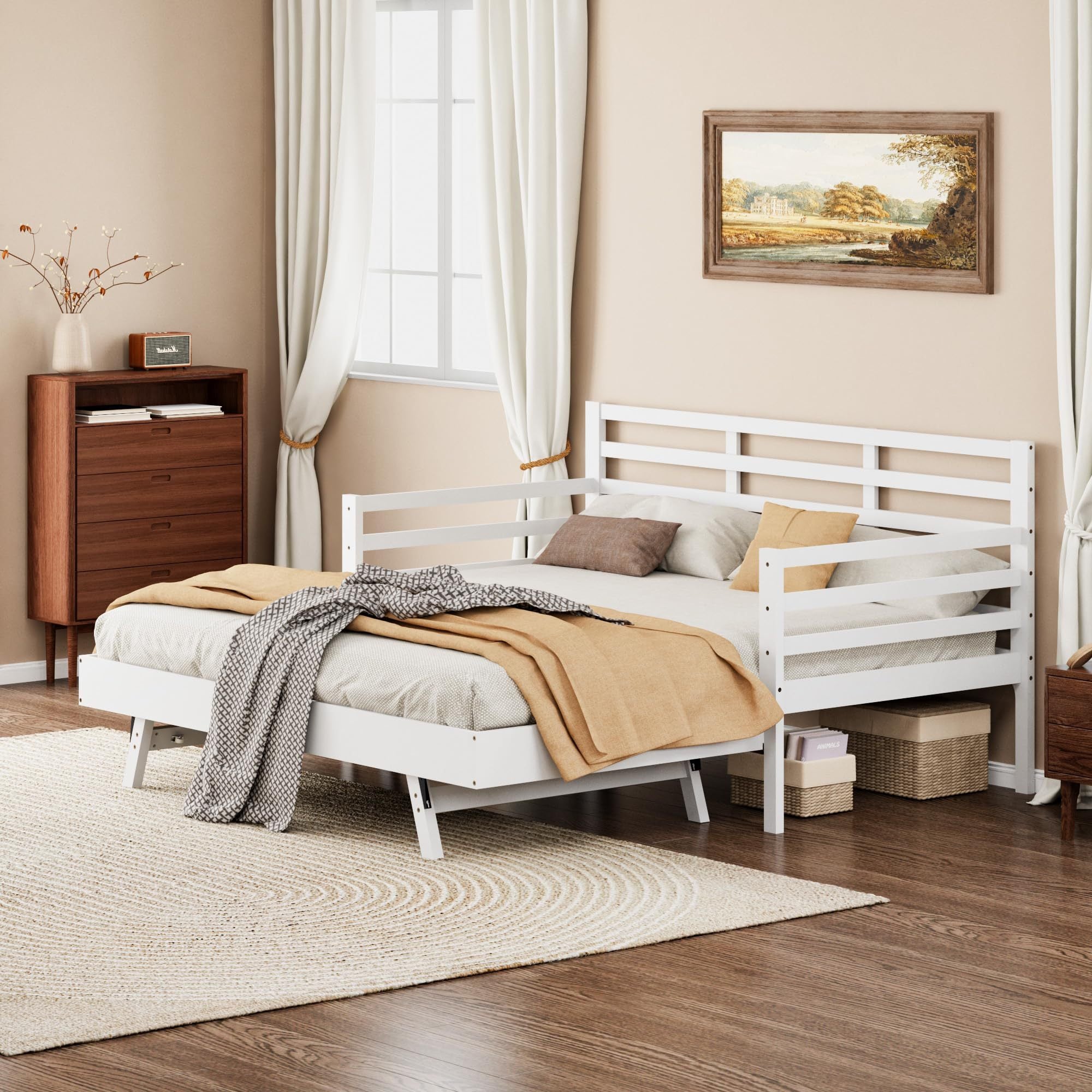 White Pine Twin Daybed, Trundle & Guardrails - Space-Saving Sofa Bed