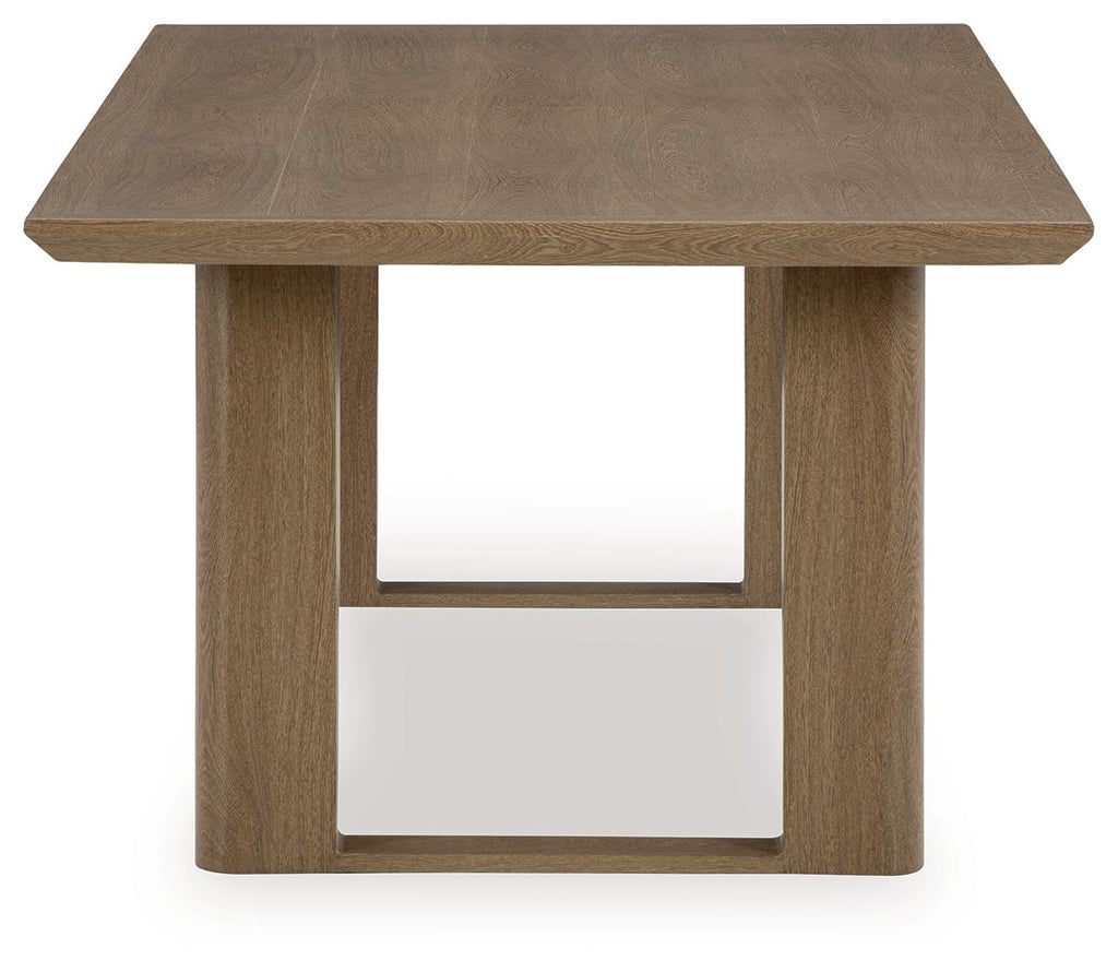 Dark brown outdoor dining table with rectangular top and open wood apron
