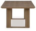 Dark brown outdoor dining table with rectangular top and open wood apron