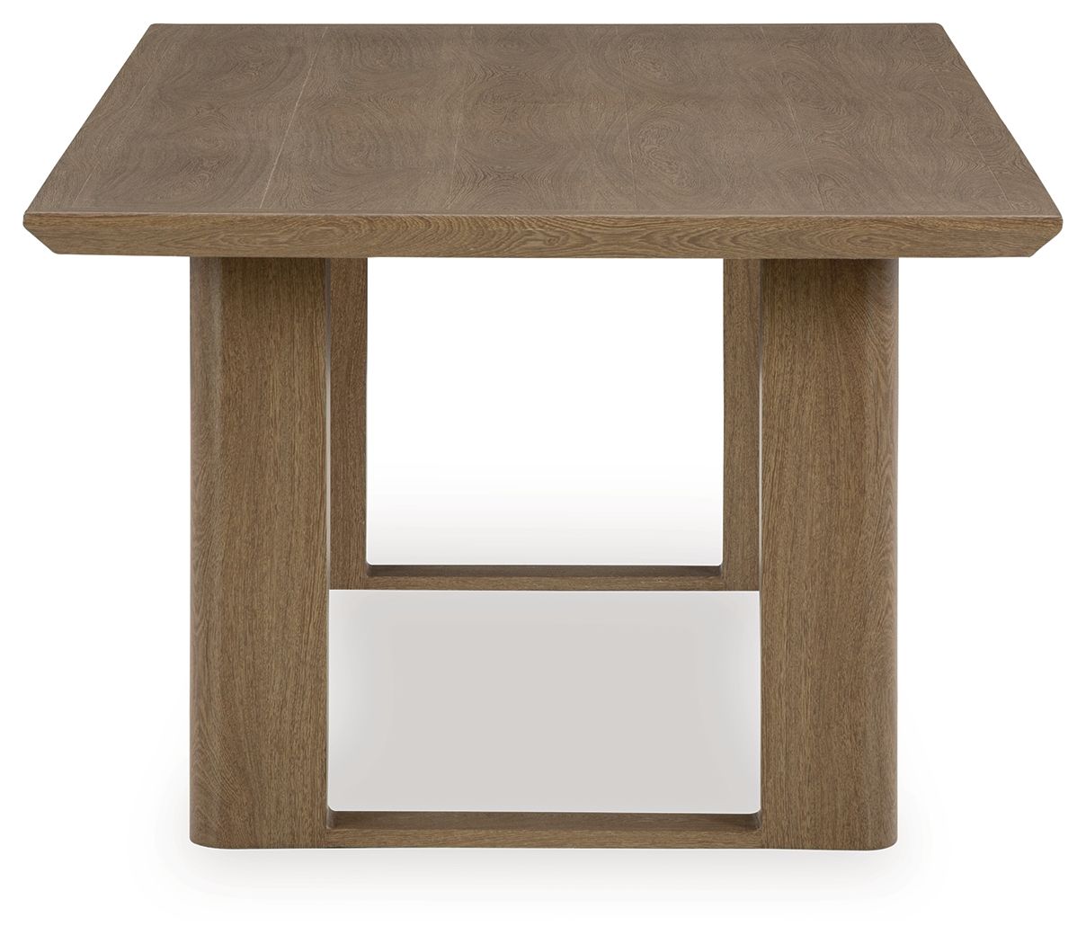 Dark brown outdoor dining table with rectangular top and open wood apron