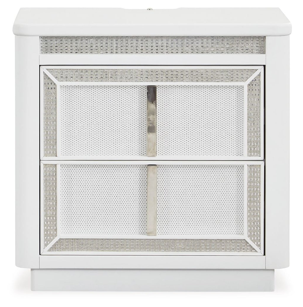 White two-drawer nightstand, open view showing both drawers and metal center pull.