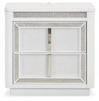 White two-drawer nightstand, open view showing both drawers and metal center pull.