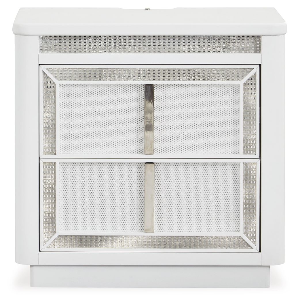 White two-drawer nightstand, open view showing both drawers and metal center pull.