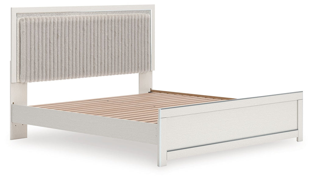 Upholstered panel platform bed with roll slats, light gray frame and upholstered headboard