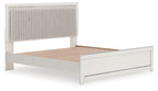 Upholstered panel platform bed with roll slats, light gray frame and upholstered headboard