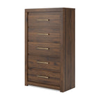 Dark brown wood five-drawer chest with drawer fronts and metal pull handles.