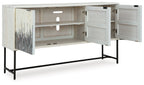 White accent cabinet with open doors showing shelves and gray vertical line front