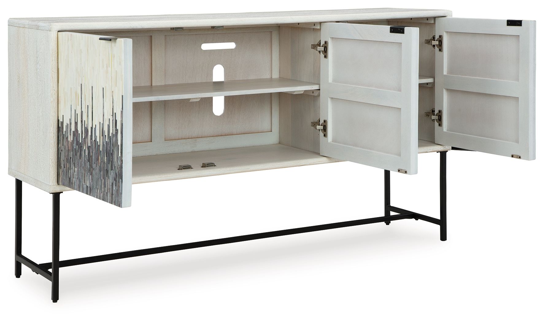 White accent cabinet with open doors showing shelves and gray vertical line front