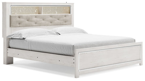 White bookcase bed with gray tufted headboard and two drawer storage footboard