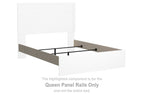 White queen bed panel rails with side rail sections and black metal supports.