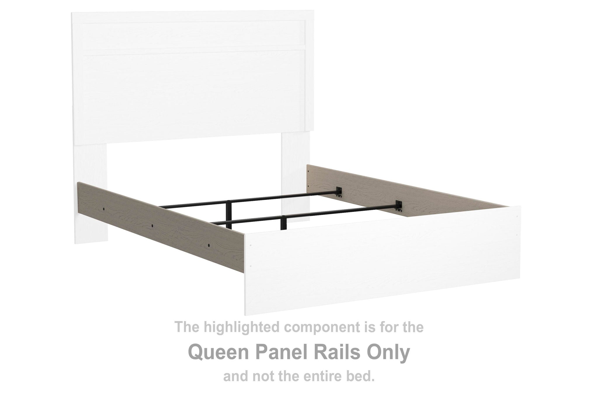 White queen bed panel rails with side rail sections and black metal supports.