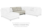 Light stone armless loveseat section with tufted cushions and dark legs, armless end
