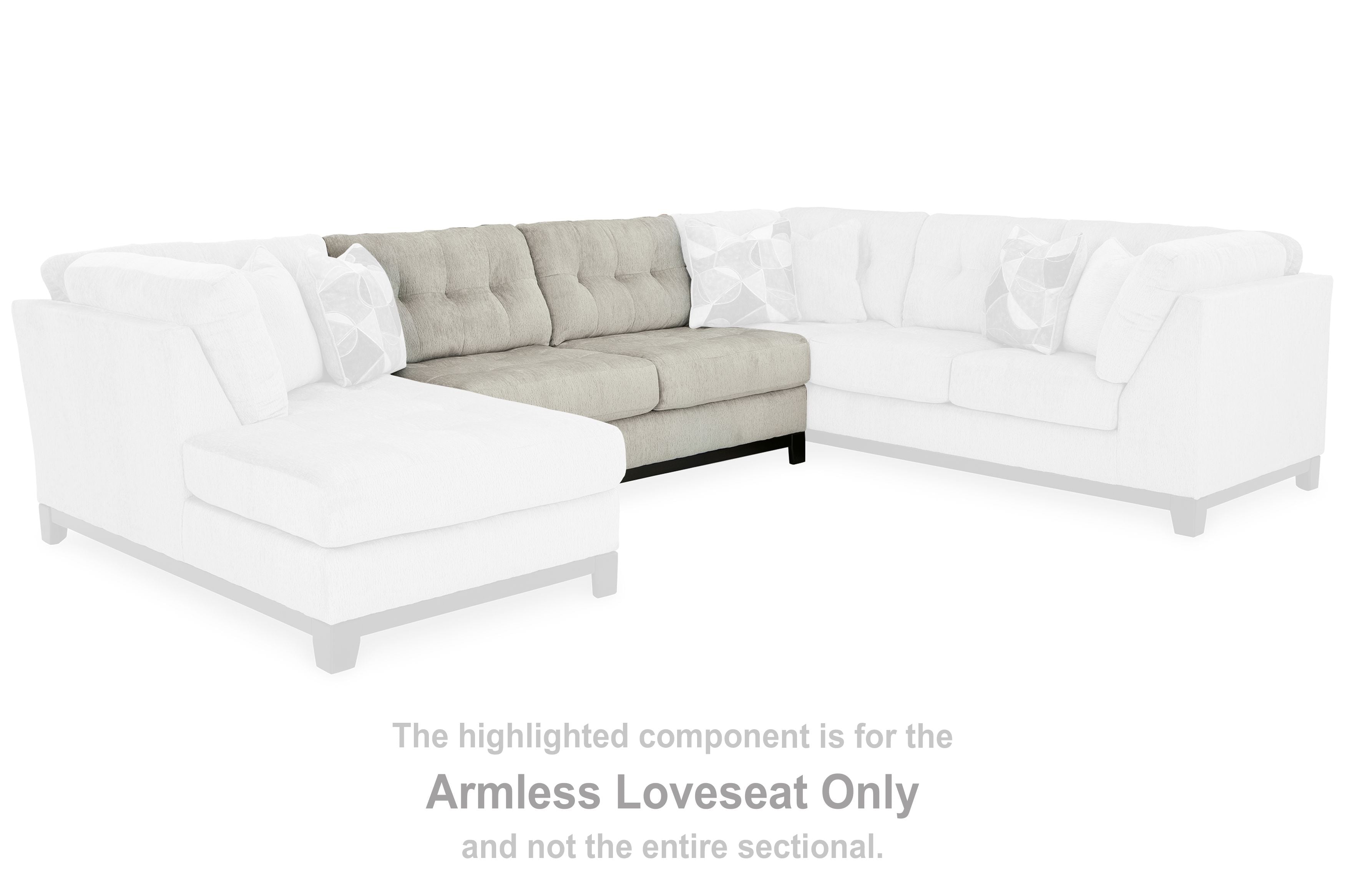 Light stone armless loveseat section with tufted cushions and dark legs, armless end