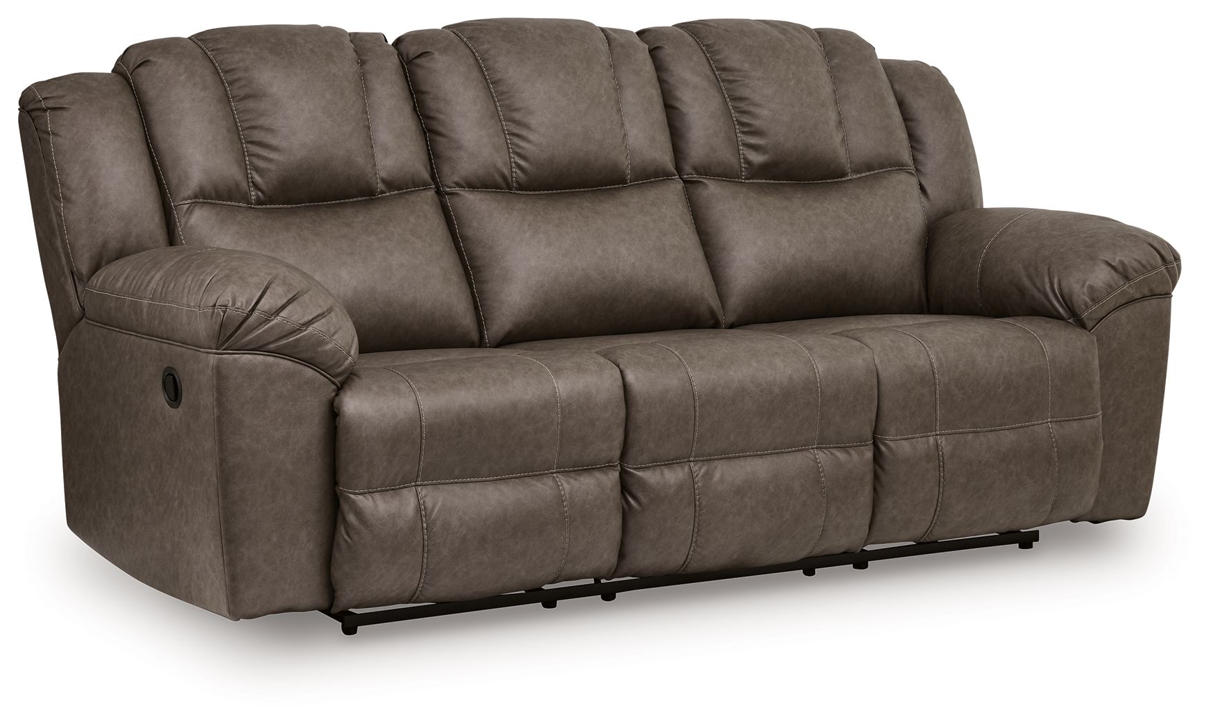 Reclining sofa with tufted back cushions, rounded padded arms, driftwood-toned upholstery