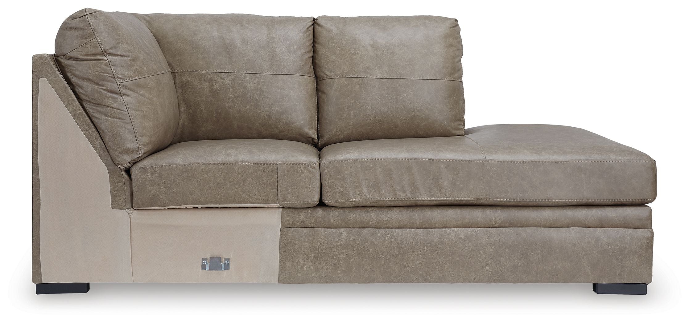 Corner chaise lounge in taupe fabric with two back cushions and low dark legs.