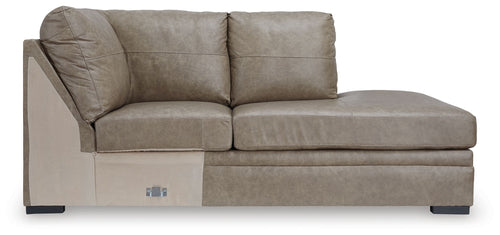 Corner chaise lounge in taupe fabric with two back cushions and low dark legs.