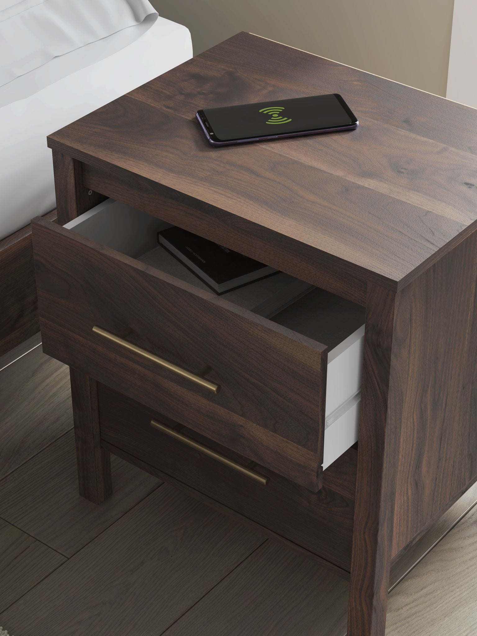 Calverson Night Stand with two drawers, brass pulls, and a flat tabletop