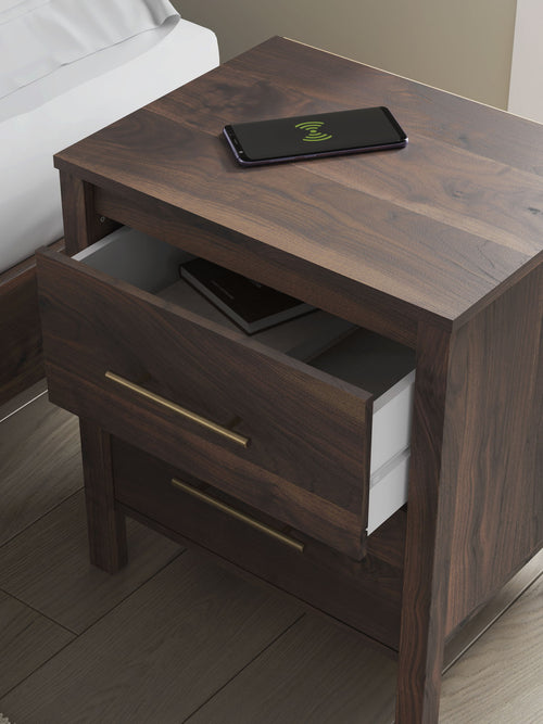 Calverson Night Stand with two drawers, brass pulls, and a flat tabletop
