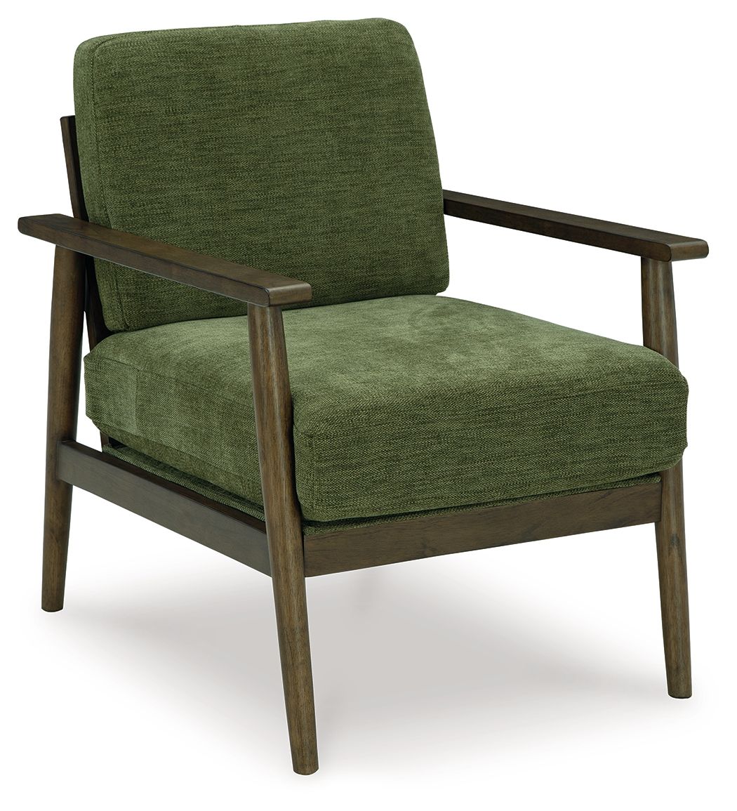 Green accent chair with upholstered seat and back, dark wood armrests and legs