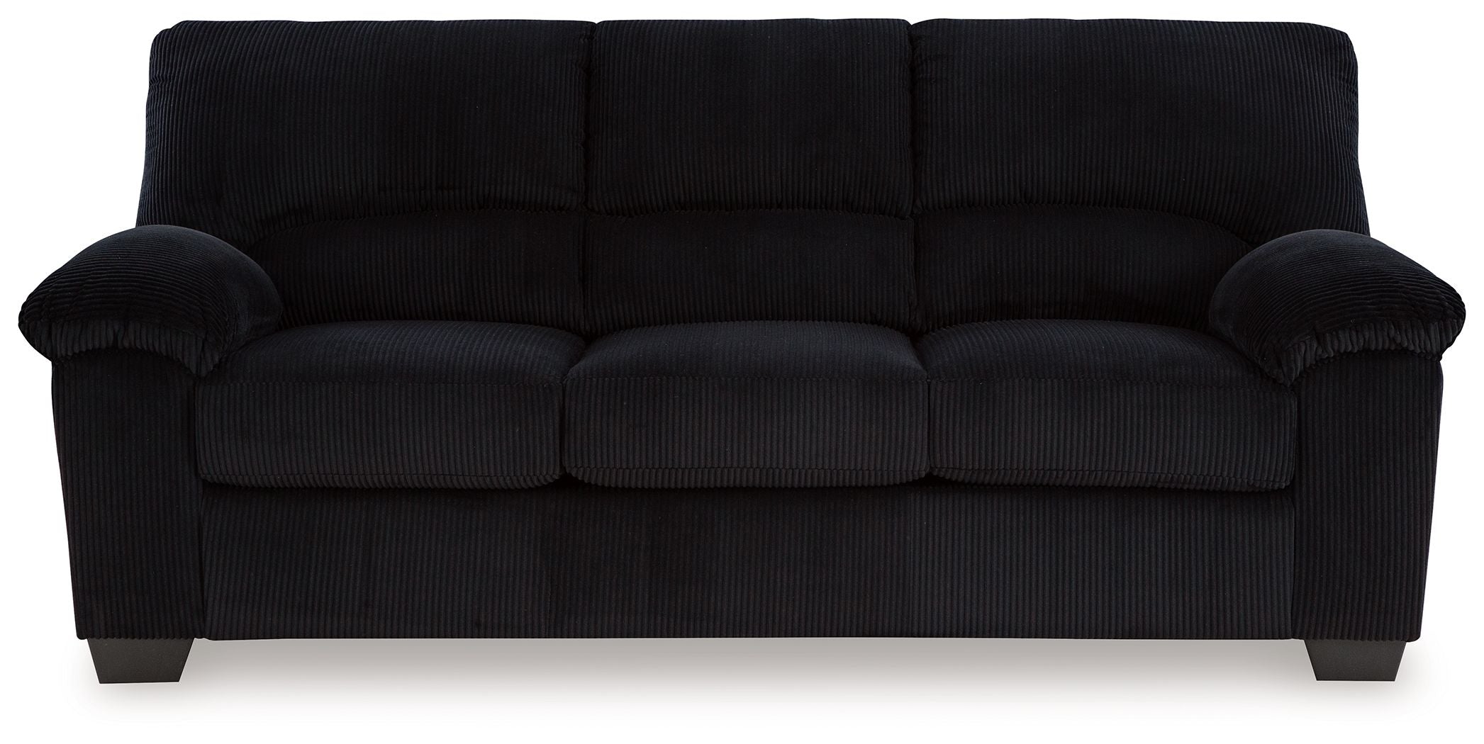 Black corduroy sofa with button-tufted back and rolled armrests