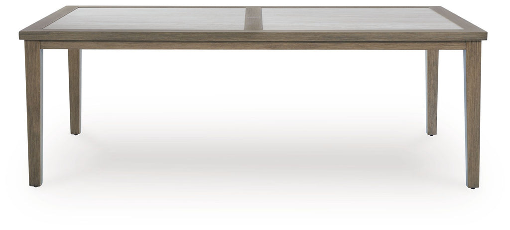Rectangular dining table with umbrella opening, light brown wood legs