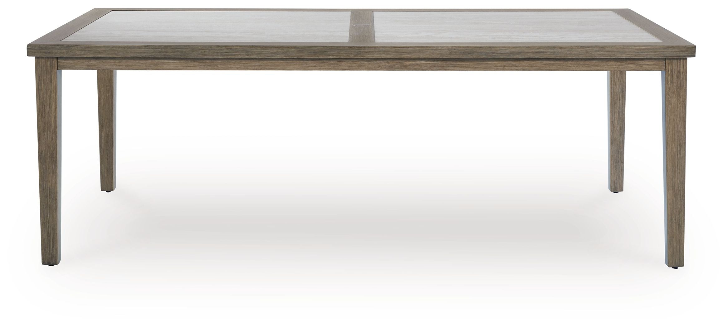 Rectangular dining table with umbrella opening, light brown wood legs