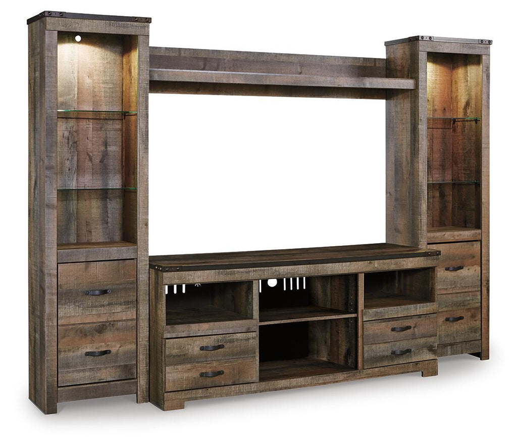Dark brown entertainment center with open central shelf, two side glass-door cabinets, drawer storage