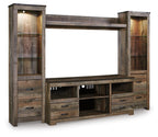Dark brown entertainment center with open central shelf, two side glass-door cabinets, drawer storage