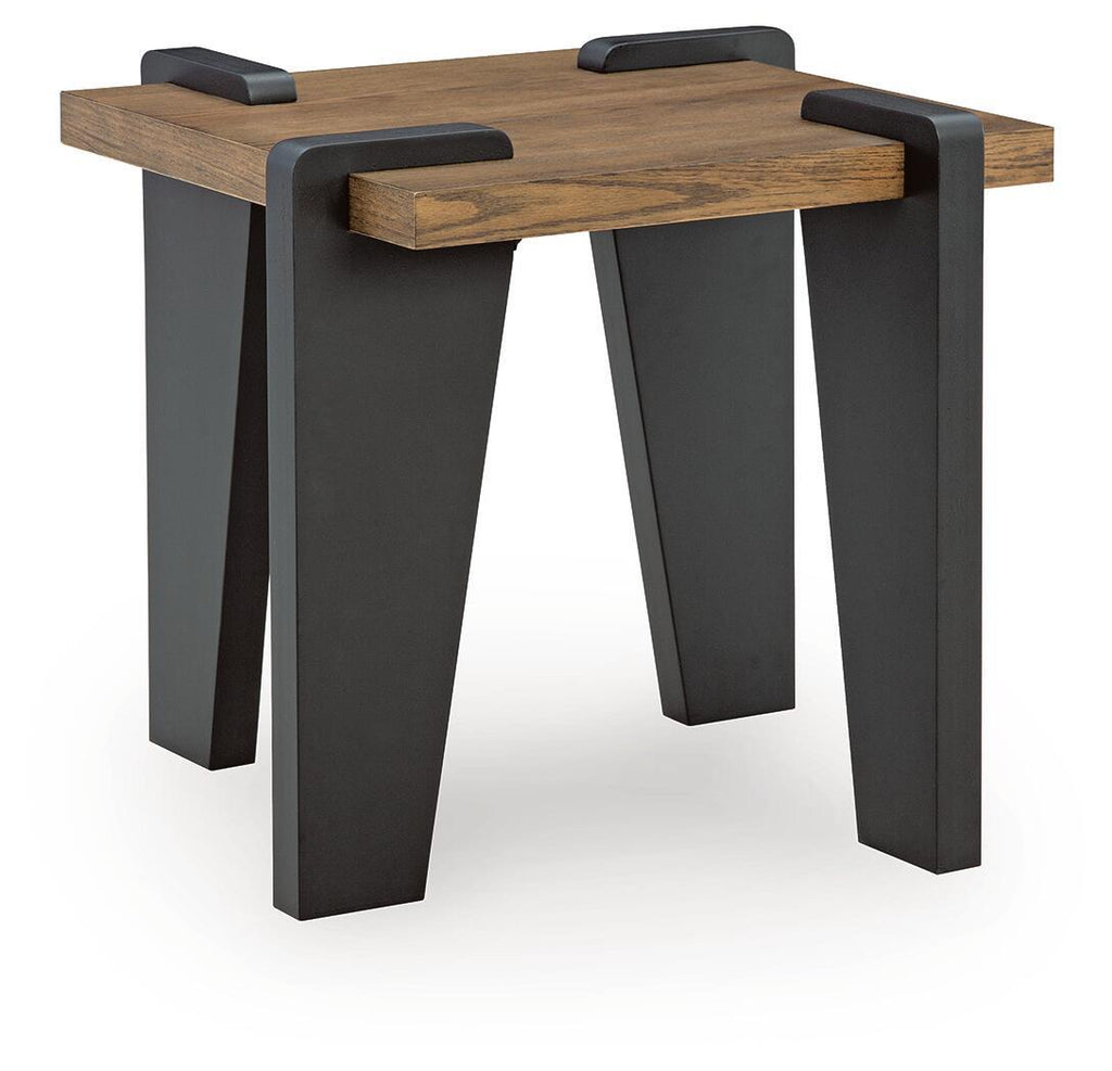 Rectangular table with rustic wood top, black metal legs, and raised corner supports