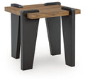 Rectangular table with rustic wood top, black metal legs, and raised corner supports
