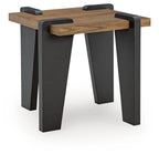 Rectangular table with rustic wood top, black metal legs, and raised corner supports