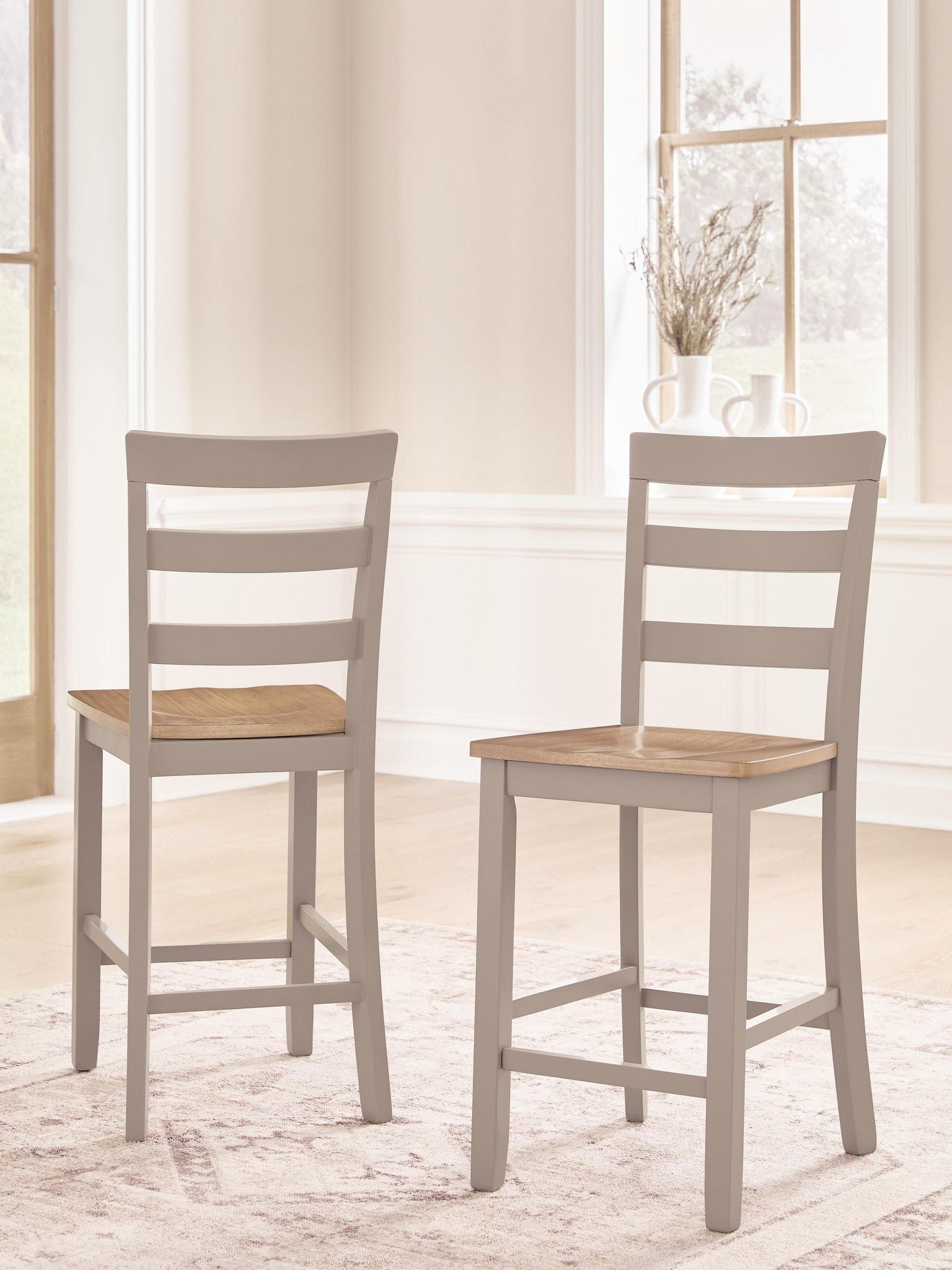Set of 2 gray barstools with natural wood seats and horizontal slat backs