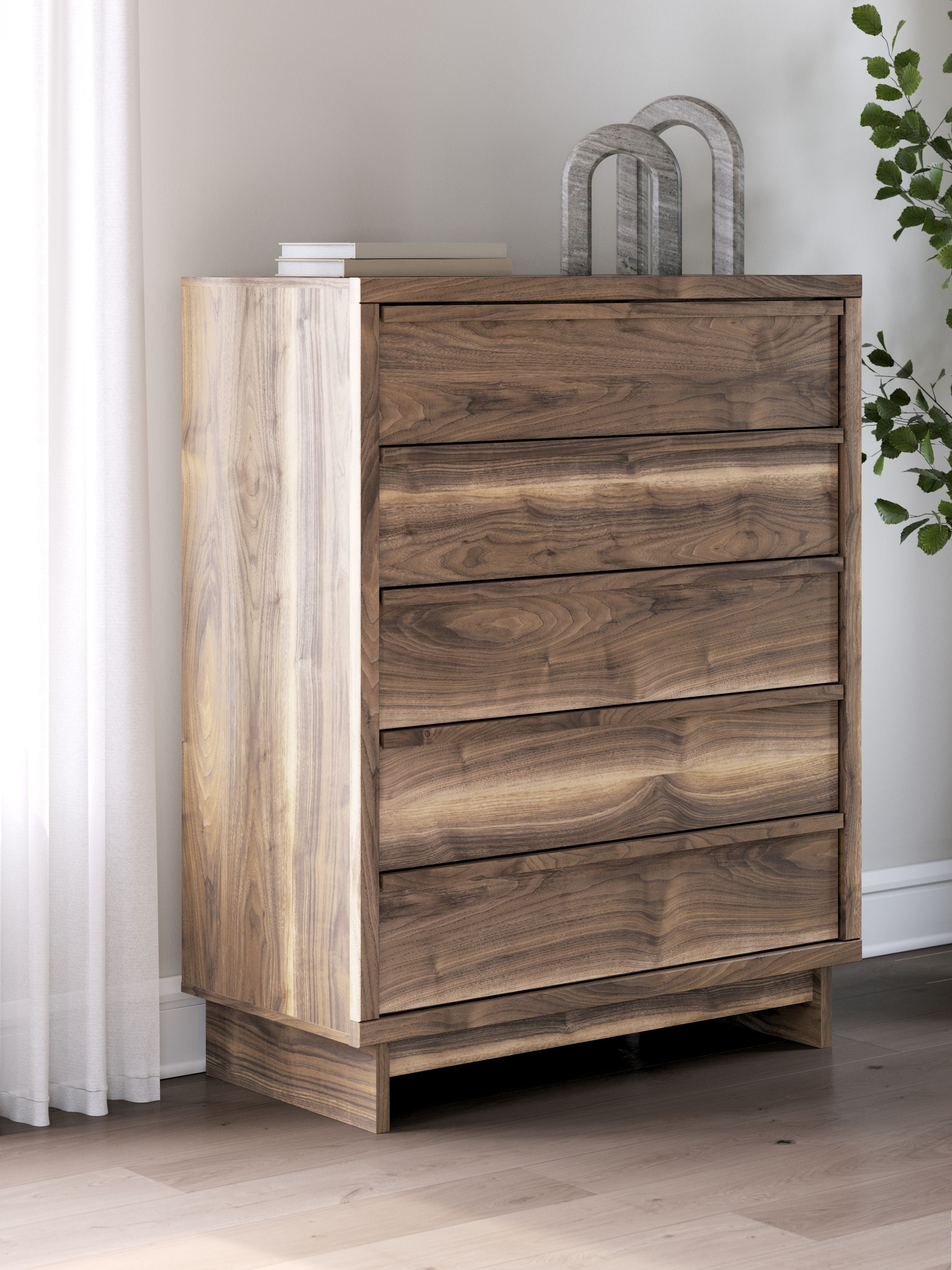 Brown five-drawer wide chest with wood-grain finish and simple recessed drawer pulls
