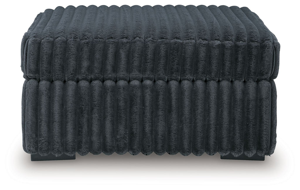 Oversized accent ottoman in slate blue, ribbed fabric, squared corners