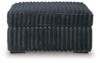 Oversized accent ottoman in slate blue, ribbed fabric, squared corners