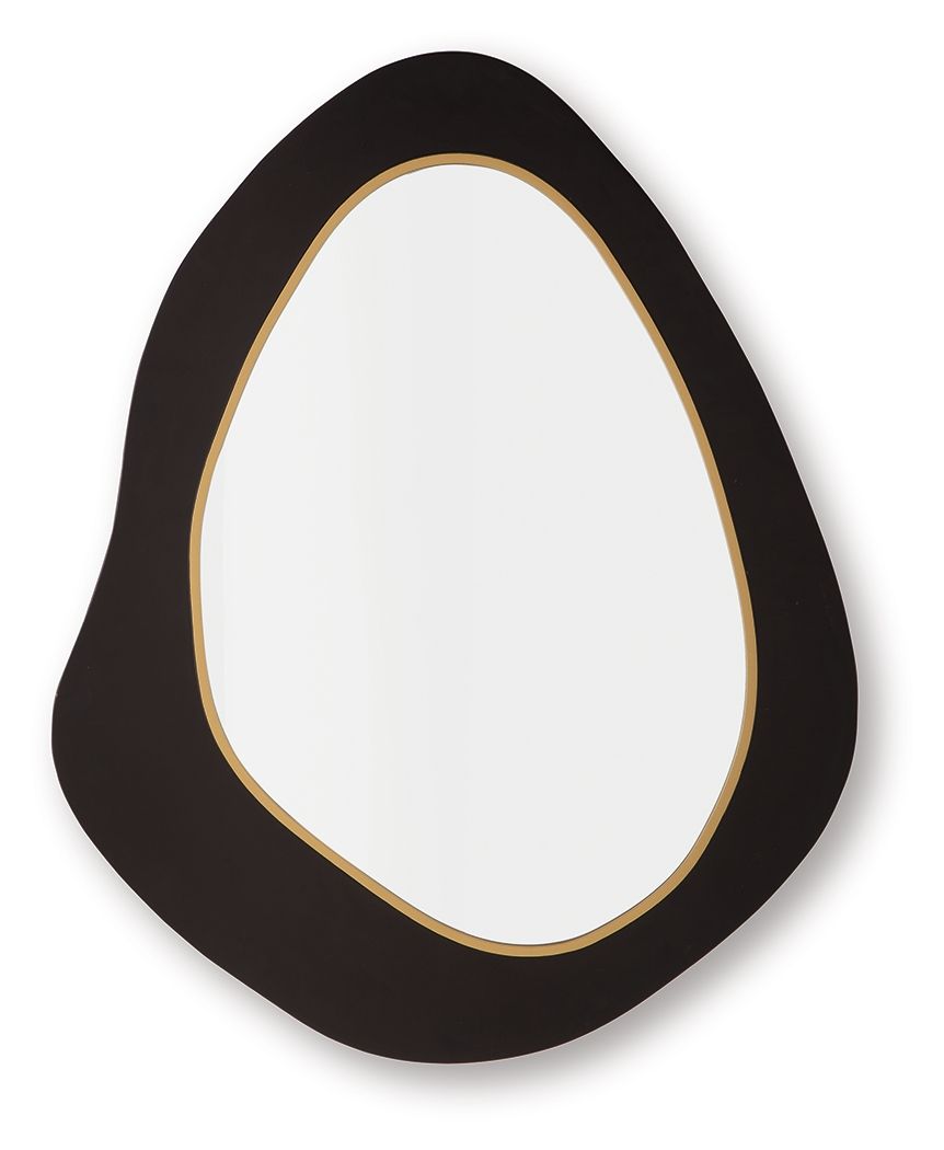 Black oval accent mirror with gold inner frame, wall-ready decorative finish